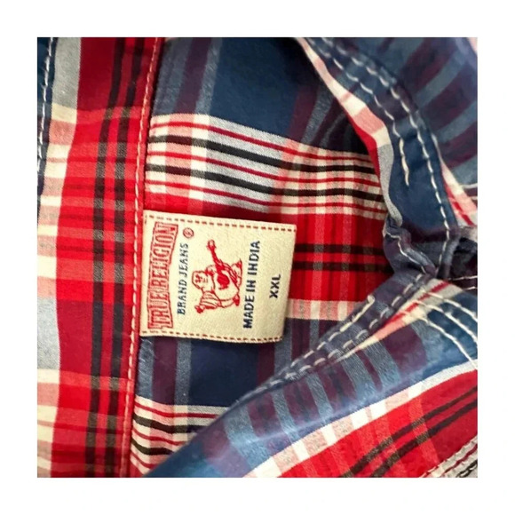 True Religion Mens Shirts Size XXL LS  Western Blue Red White Plaid Pearl - Picture 9 of 9